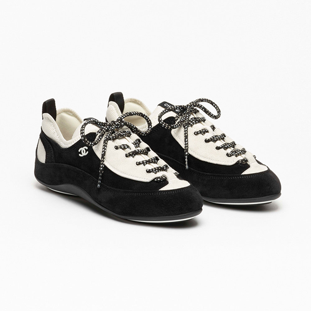 CHANEL Sneakers Velvet Calfskin Mixed Fibers Black White #386496
