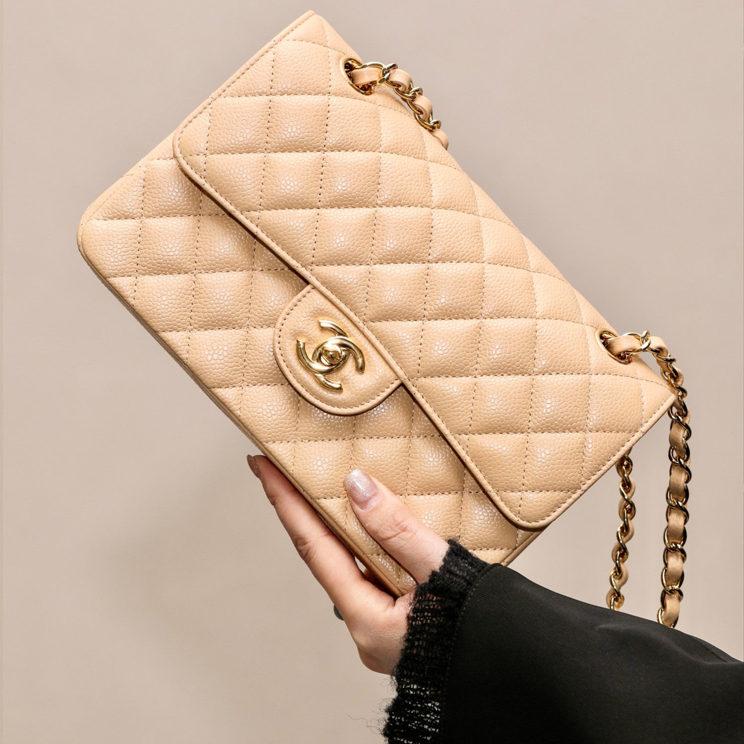 Chanel Classic Flap CF 23/25 Classic Chain Grainy Calfskin Mouth Cover Bag Shoulder Crossbody Medium Large Women's Beige Bag Bags A01112-Y01864-21209 #81232