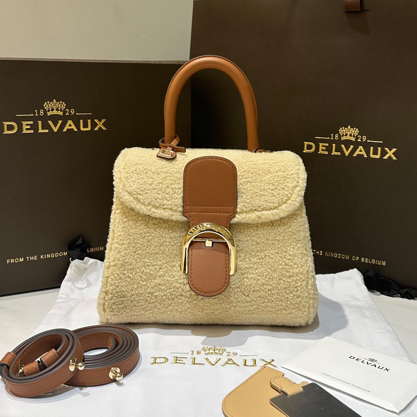 Delvaux Brillant Women's Classic Fashion Leather Shearling Adjustable Strap Crossbody Tote Bag  Bags #78695