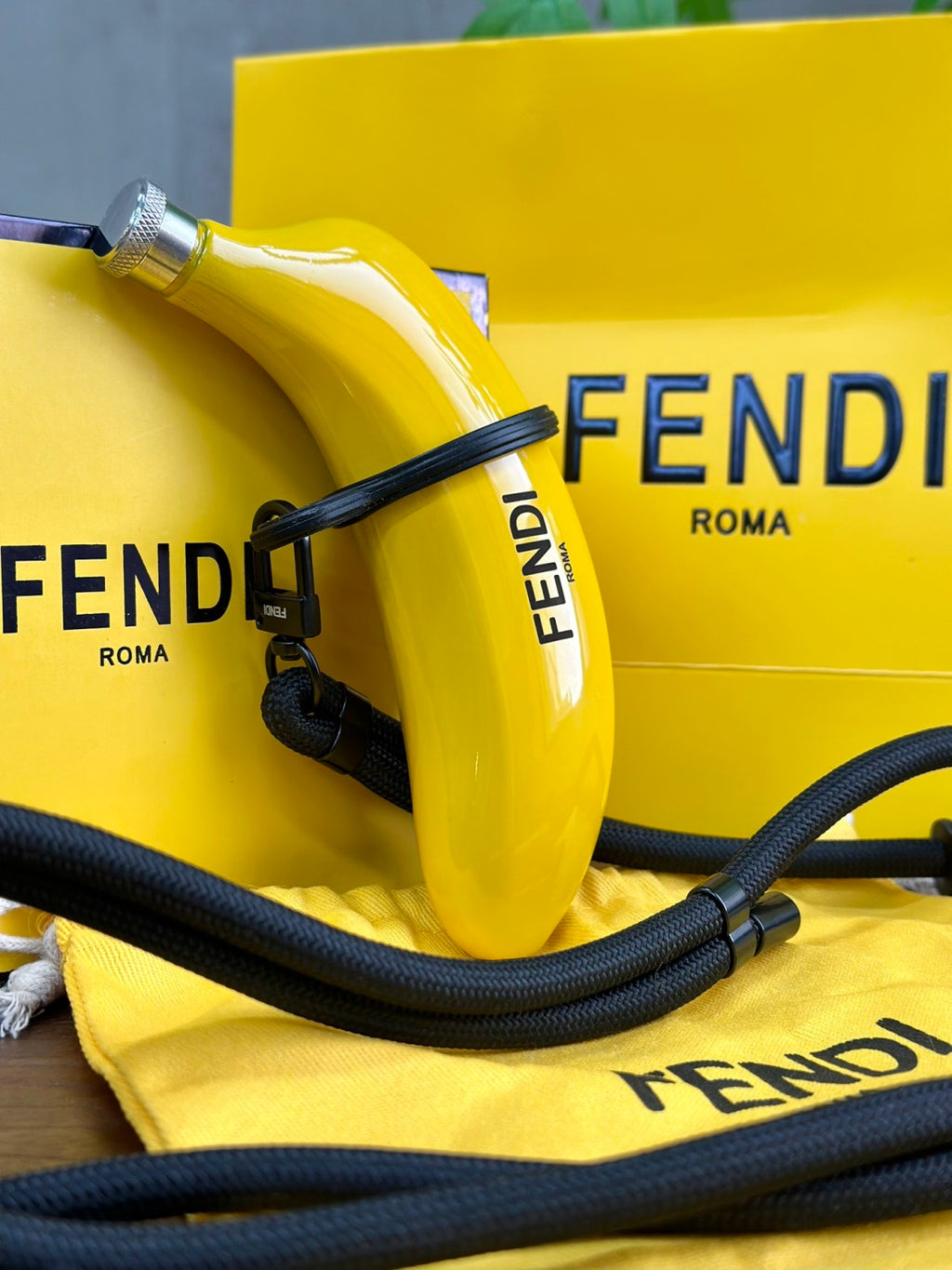 Fendi Limited Edition: Limited Stock Available Banana-print Flask Fashionable Mini Crossbody Bag Total Length: 150 Cm. Diameter: 8 Mm. Adjustable From 75 To 150 Cm. Comes In A Complete Gift Box Set Bags #197028