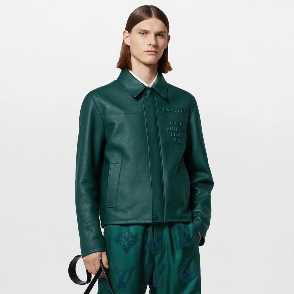 Louis Vuitton Men's Fall And Winter Green Retro Embossed Leather Long-sleeved Shirt Cowhide Jacket Fashion Trend Leisure Lapel Zipper Leather Jacket #81126