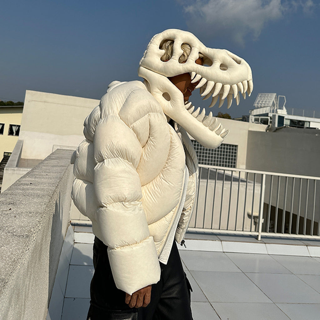 Rick Owens Men's And Women's Fall And Winter Dinosaur Down Jacket White Handmade Customized Tyrannosaurus Rex Design Ski Suit Thickened White Duck Down Ngvp #8862