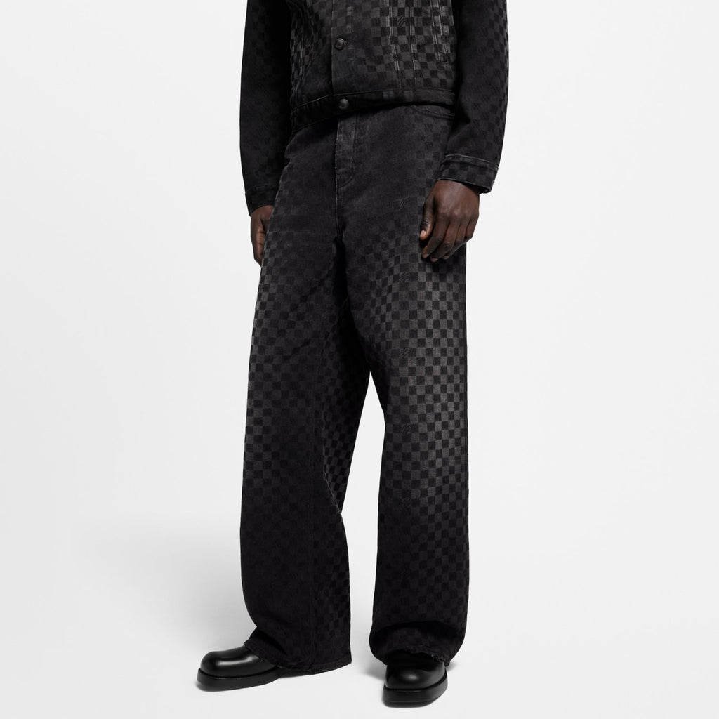 Louis Vuitton Men's Spring Autumn Black Checkered Damier Flocked Suit Lapel Single Breasted Long Sleeve Jacket Straight Wide Leg Trousers Suit Set #81138