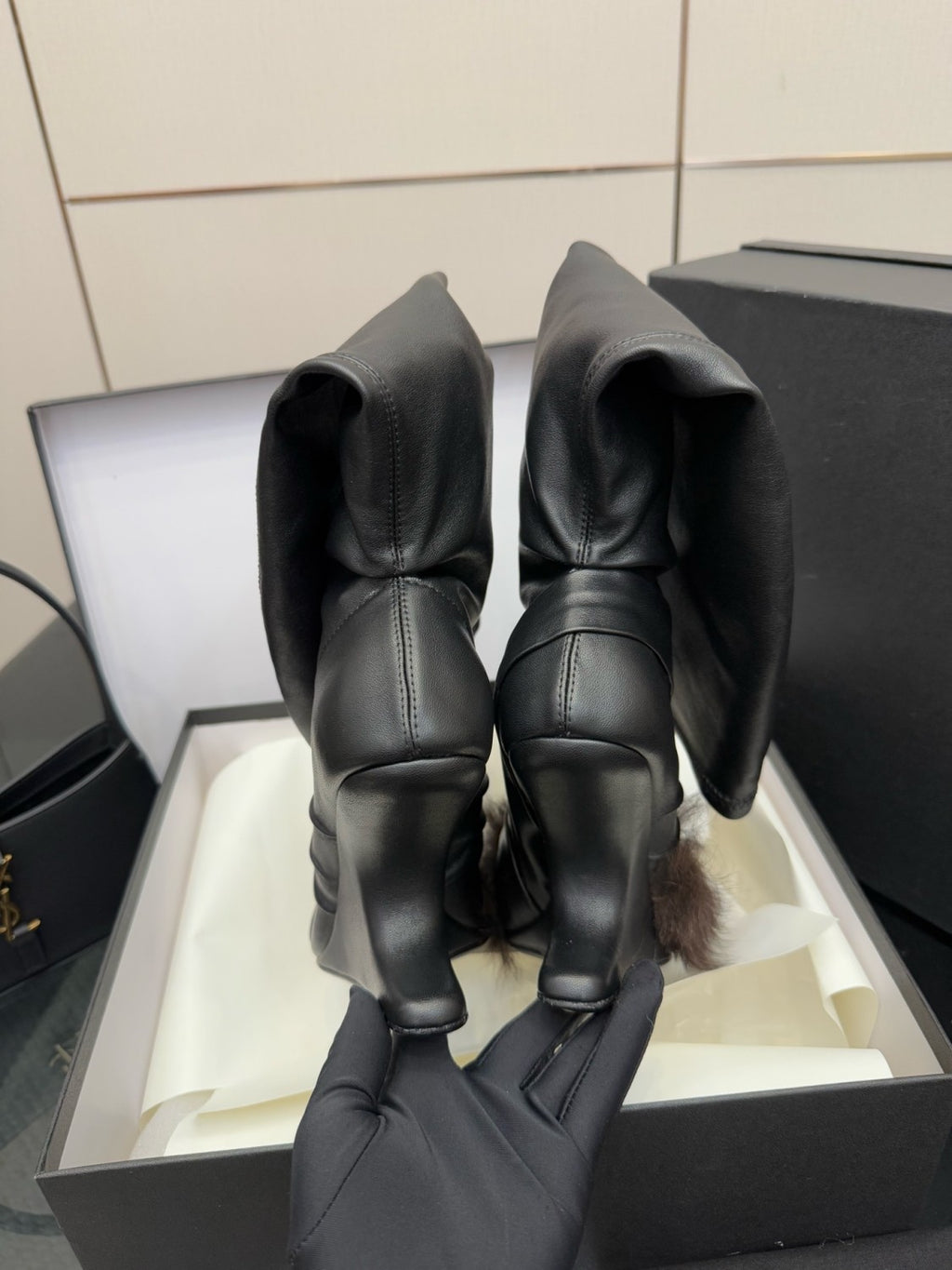 Rick Owens Women's Fall/Winter Fashion Classic Leather Booties Cowhide and Sheepskin Blend in Brown Lambskin Fishmouth Square Toe Design Fur Trimmed Panels Long Boots Shoes #79497