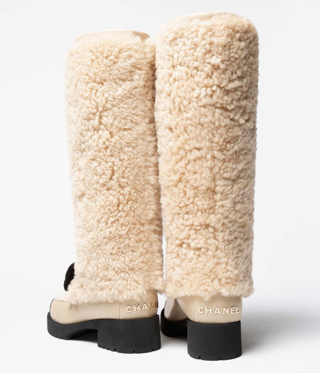 Chanel High Boots Shearling Lambskin Calfskin Lambskin Patent Calfskin Beige Black #334245