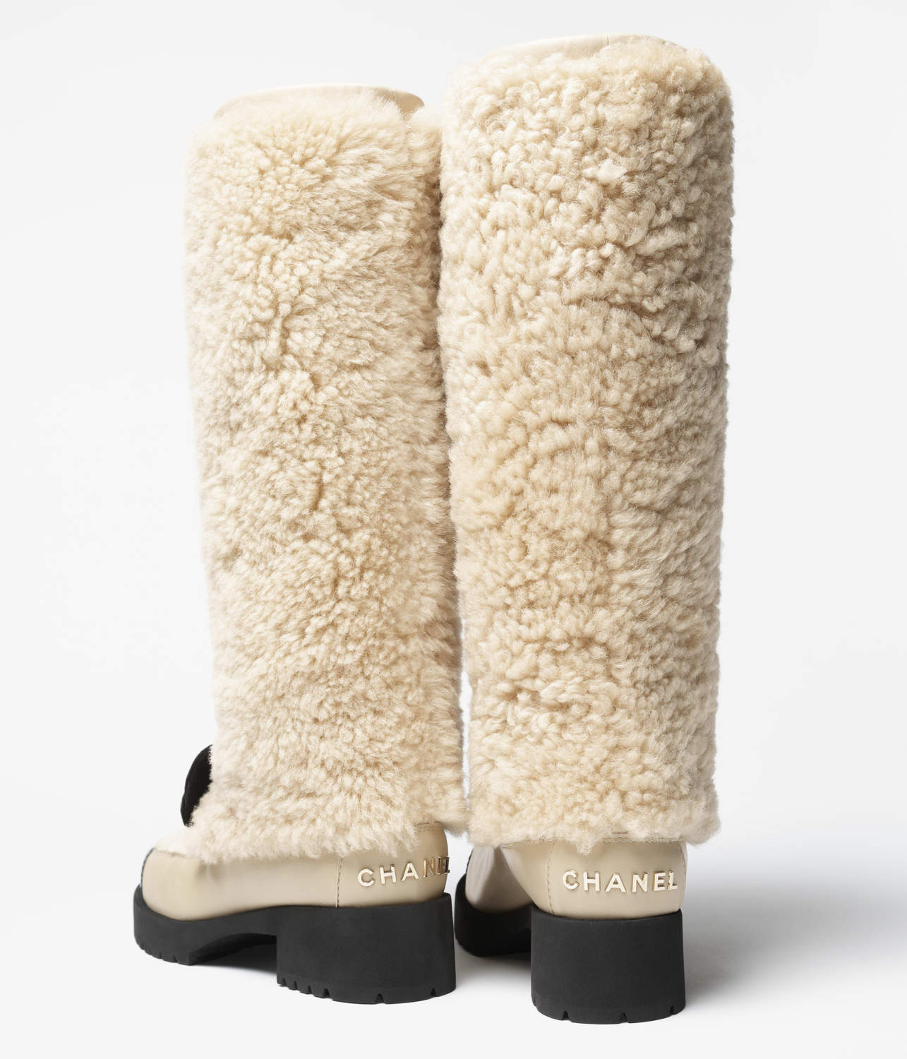 Chanel High Boots Shearling Lambskin Calfskin Lambskin Patent Calfskin Beige Black #334245