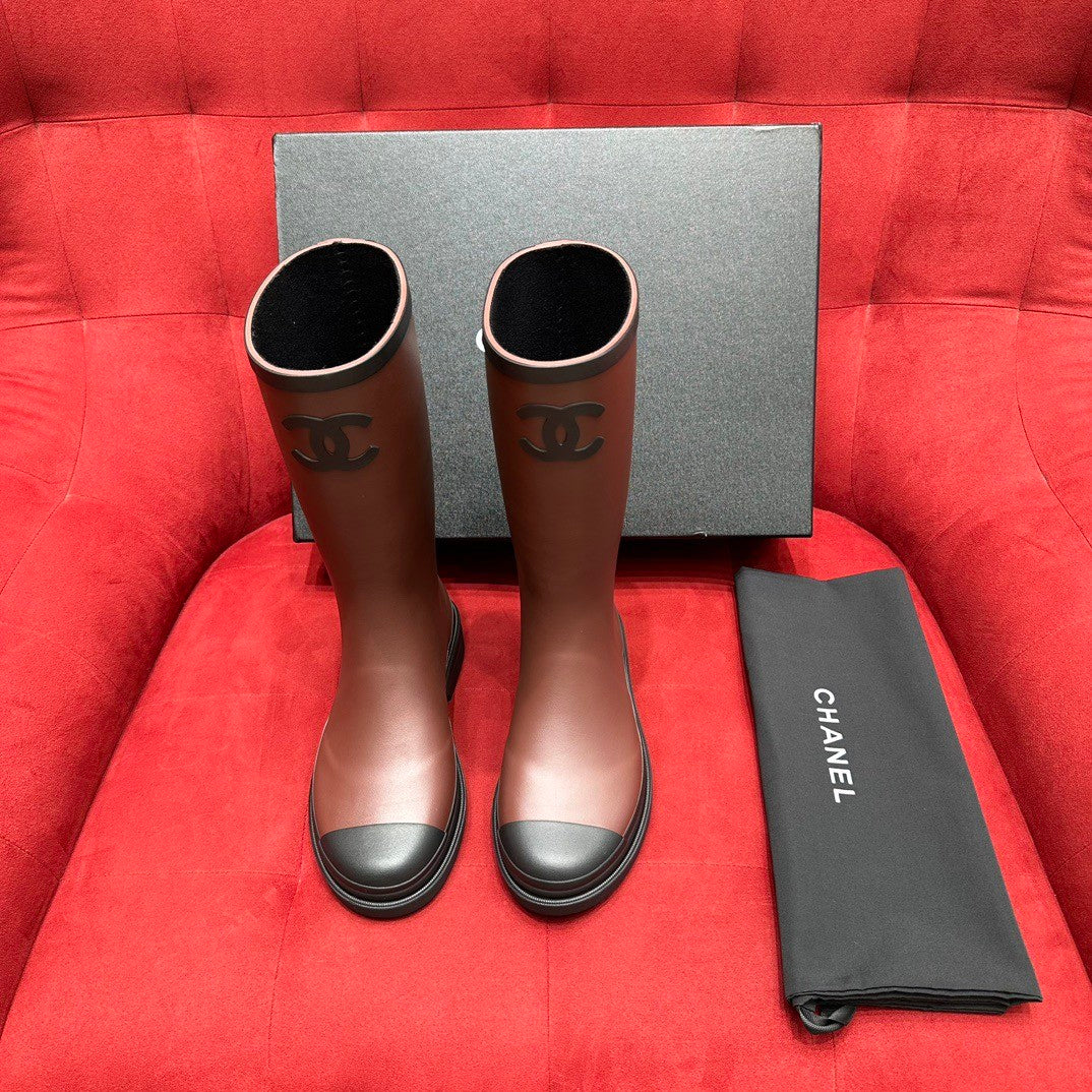 Chanel 25S Fashion Overalls Tall Boots Women's Beige Anti-Slip Rain Boots #332426