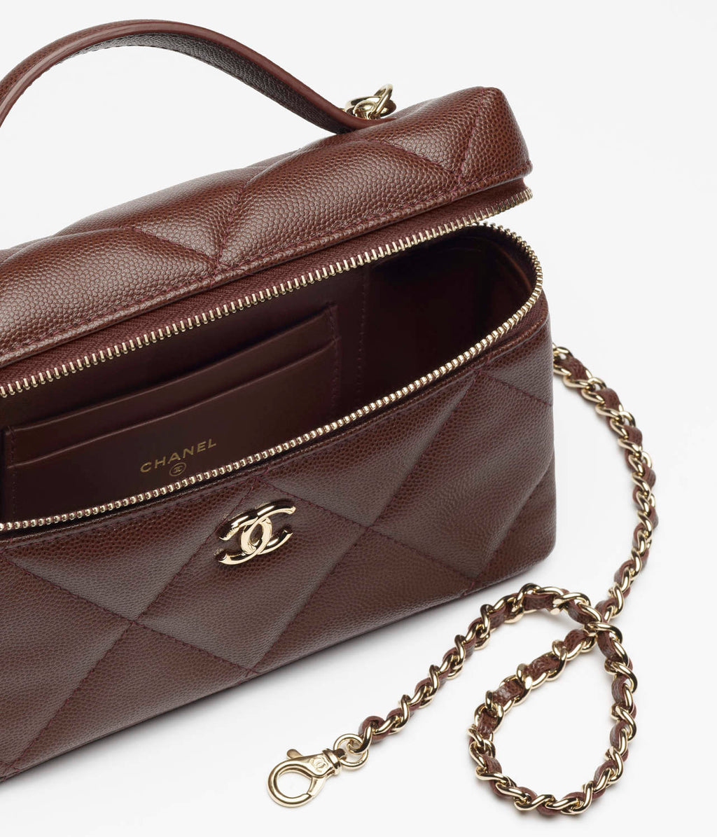Chanel Chain Dressing Table Grained Shiny Calfskin with Gold Metal Dark Brown Fashion #332778