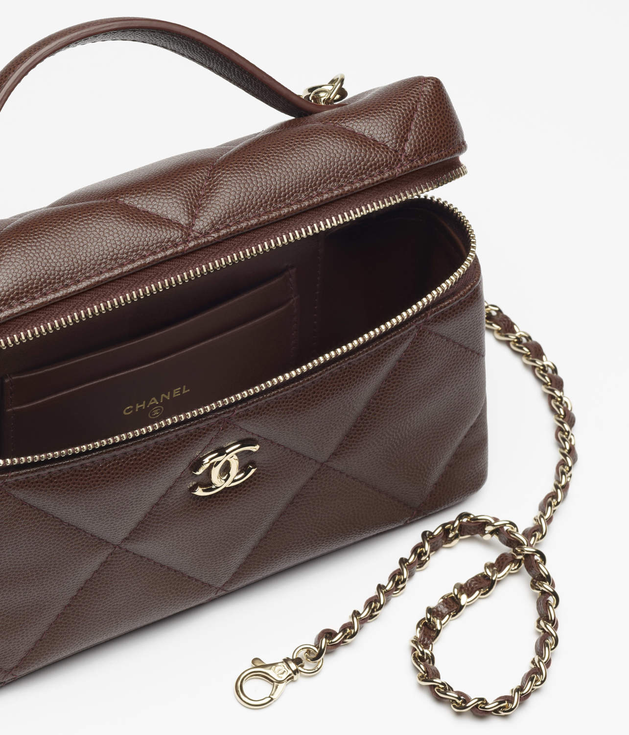 Chanel Chain Dressing Table Grained Shiny Calfskin with Gold Metal Dark Brown Fashion #332778