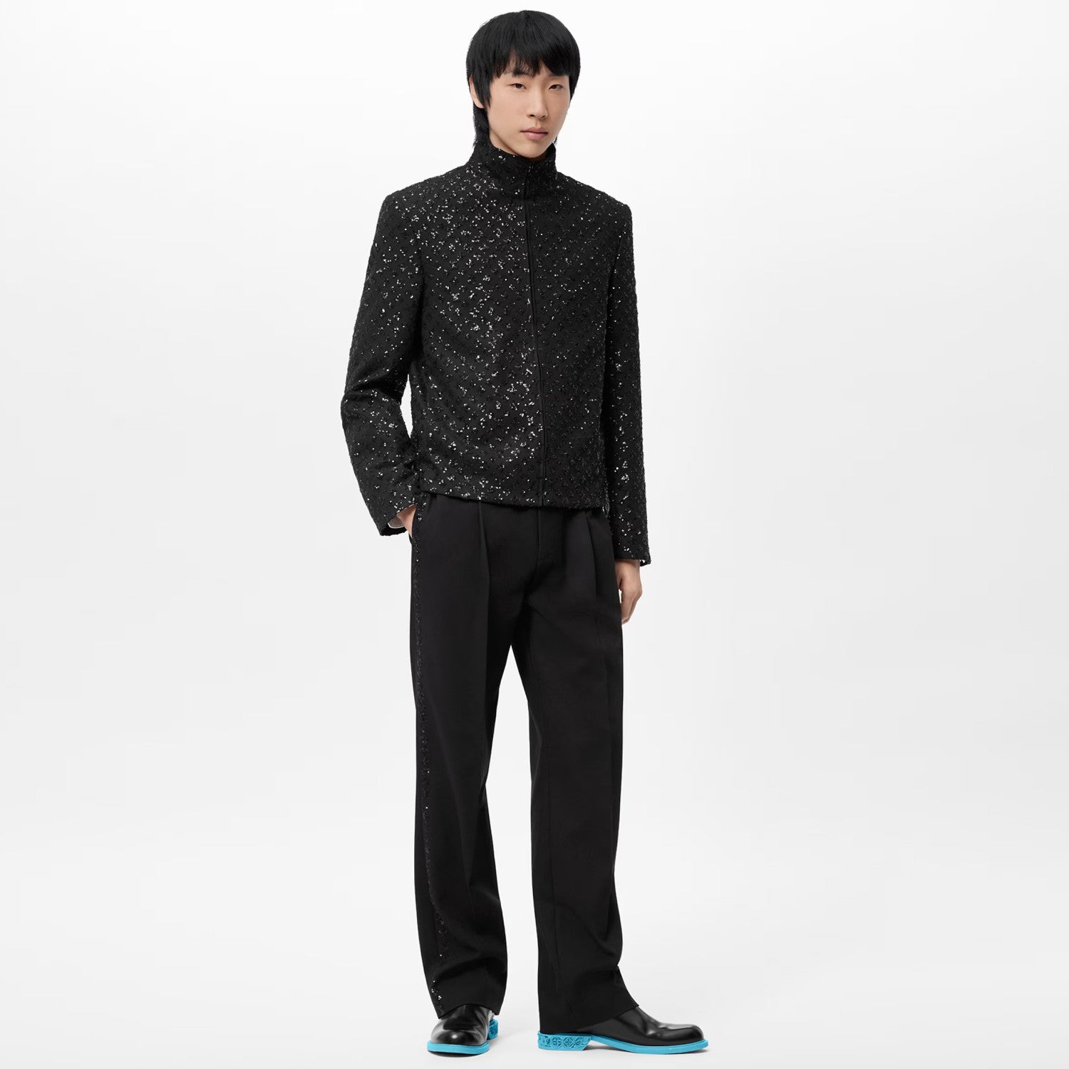 Louis Vuitton Men's Spring and Autumn Black Evening Drawstring Zipper Standing Collar Jacket Casual Pants Suit Set #72849