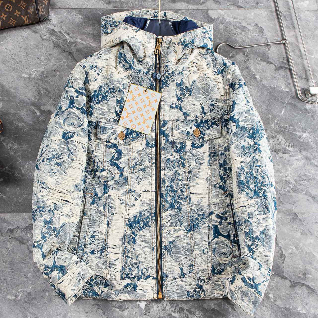 Louis Vuitton Men's Winter Floral Jacquard Washed And Fringed Denim Jacket Down Jacket Warm Fit Coat Ngvp #7626