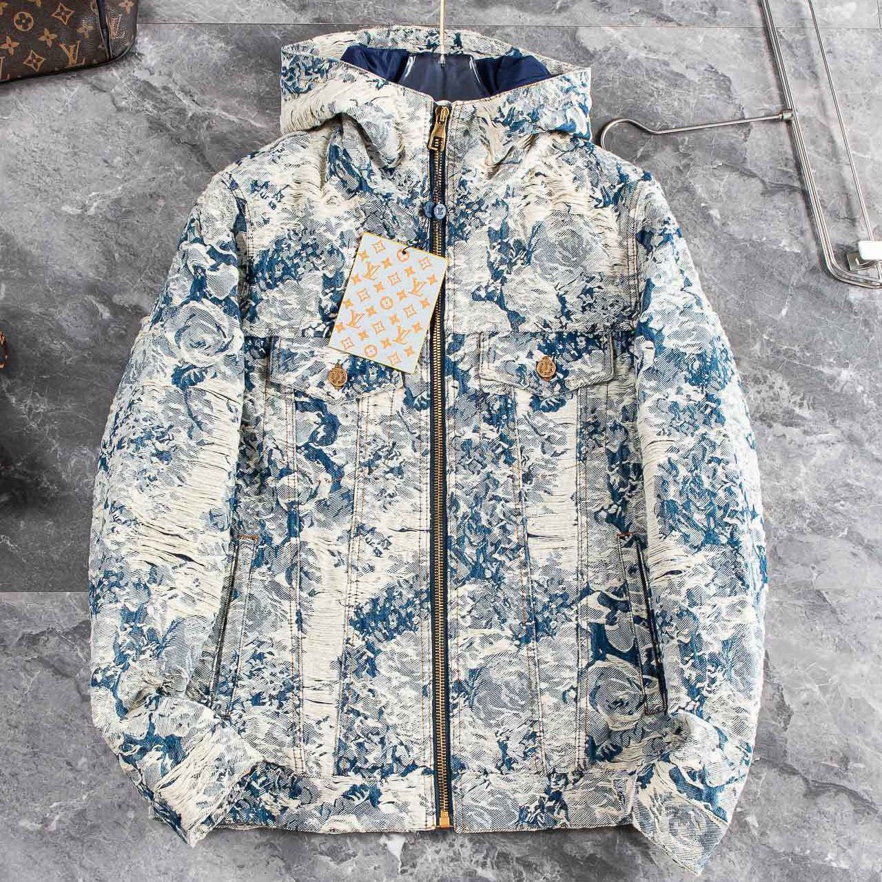 Louis Vuitton Men's Winter Floral Jacquard Washed And Fringed Denim Jacket Down Jacket Warm Fit Coat Ngvp #7626