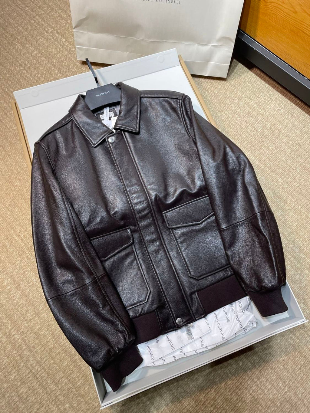 Brunello Cucinelli Men's Spring/Autumn Sheepskin Solid Color Zipper Collar Long Sleeve Grained Leather Aviator Jacket Ngvp #2286