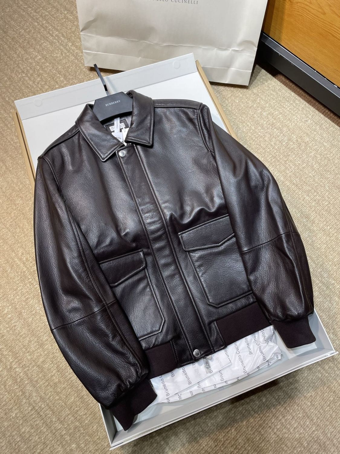Brunello Cucinelli Men's Spring/Autumn Sheepskin Solid Color Zipper Collar Long Sleeve Grained Leather Aviator Jacket Ngvp #2286