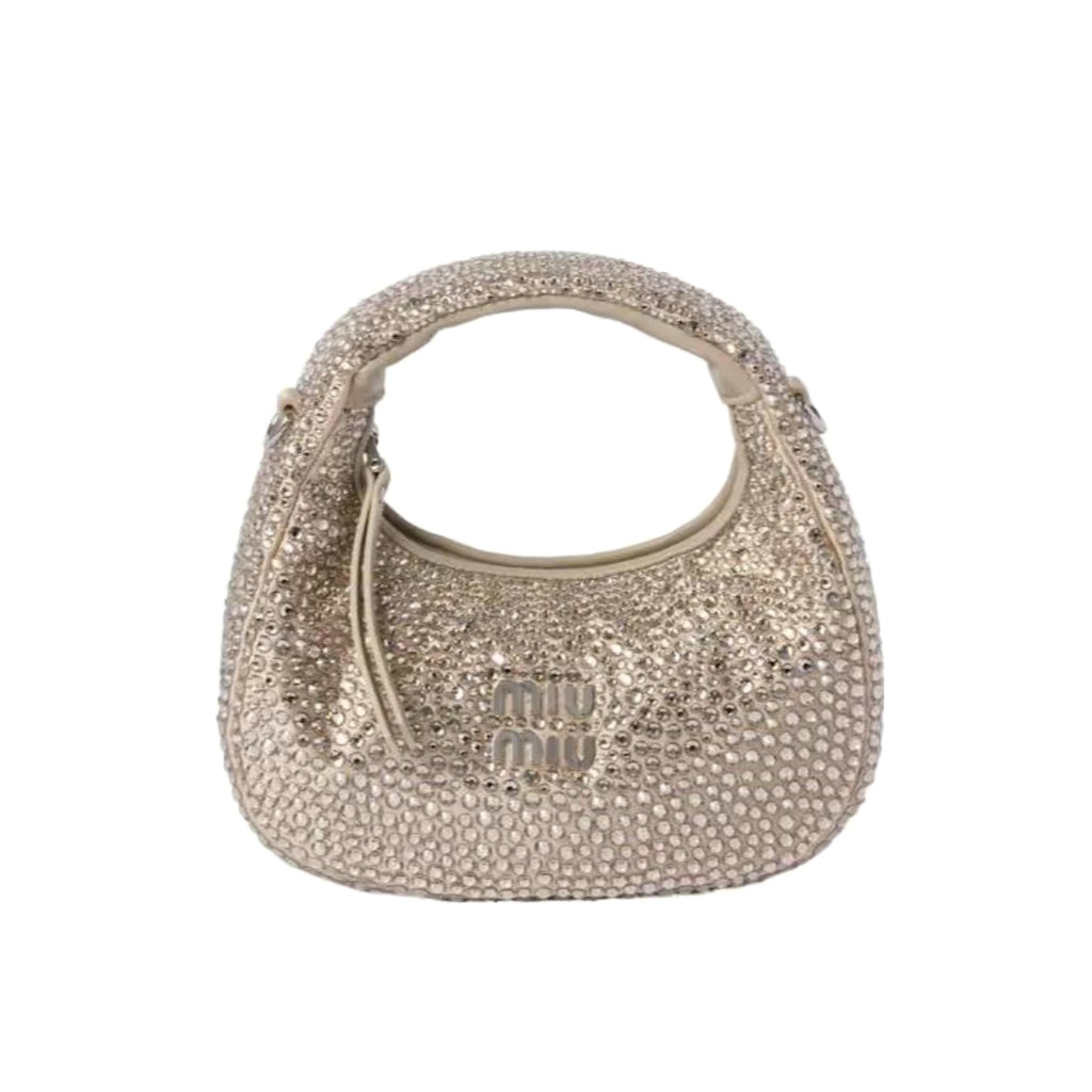 MiuMiu Wander Women's Metal Engraved Logo Detachable Chain Shoulder Strap Faux Crystal Embellished Shoulder Slanting Handbag Bag Bags #76744