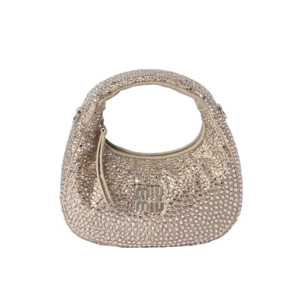 MiuMiu Wander Women's Metal Engraved Logo Detachable Chain Shoulder Strap Faux Crystal Embellished Shoulder Slanting Handbag Bag Bags #76744