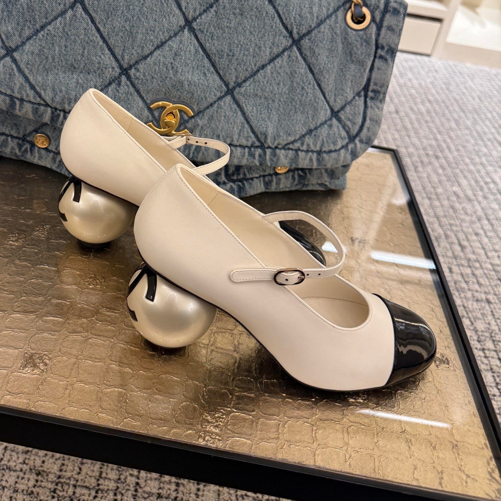 Chanel Women's Spring/fall Classic Two-tone Leather Low-top Round Toe Mary Jane Heels With Pearl Embellished Heels High Heels Shoes #79356