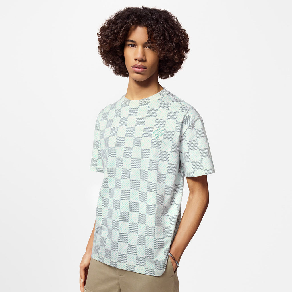 Louis Vuitton Men's Green Checkerboard Graphic Crew Neck Cotton Short Sleeve T-Shirt #99471