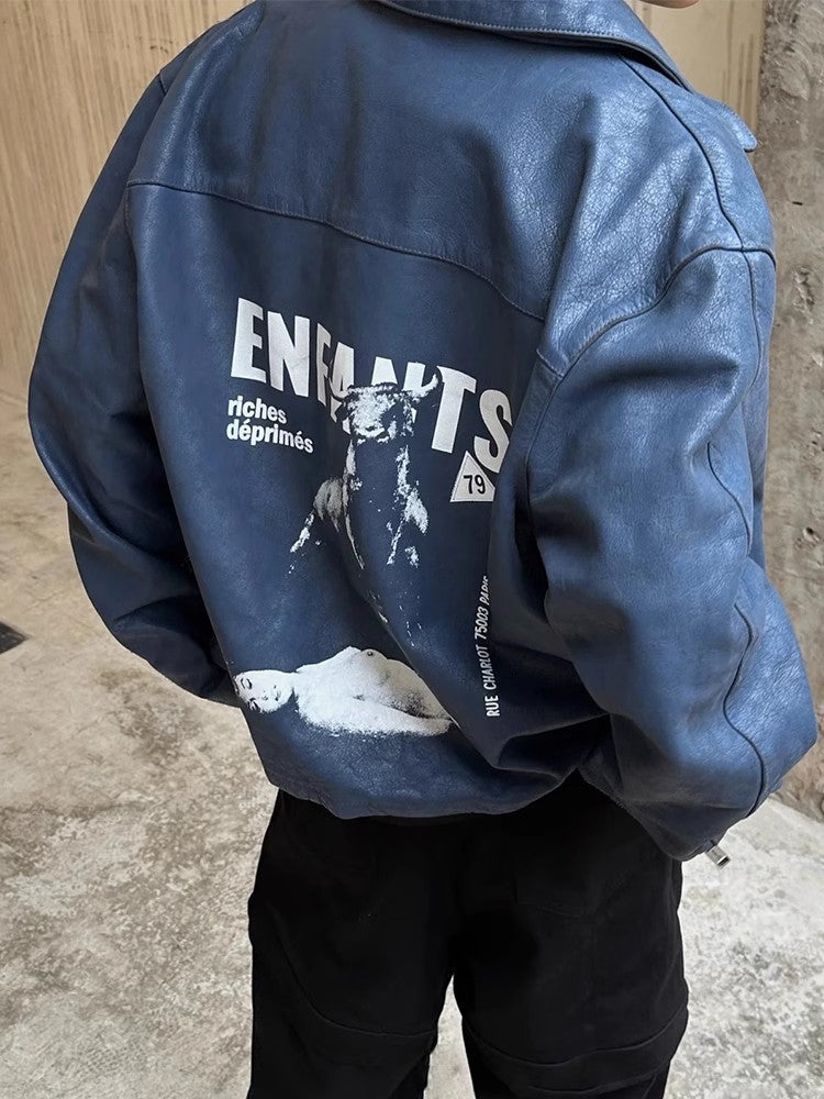 Enfants Riches Deprimes Men's Spring. Autumn And Winter Washed And Aged Crackle Pattern Printed Zipper Solid Color Long Sleeve Cowhide Jacket Ngvp #9337