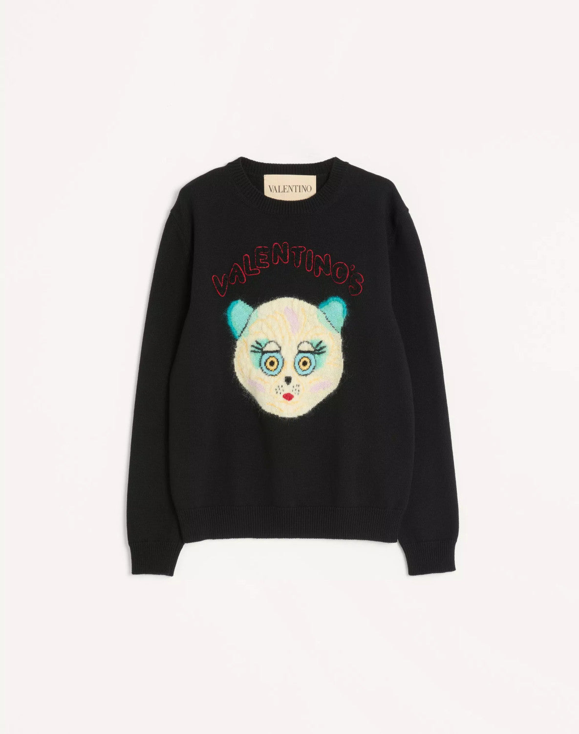 Valentino Men's Le Chat De La Maison Wool Logo Cat Embroidered Solid Color Crew Neck Long Sleeve Knit Sweater #81754
