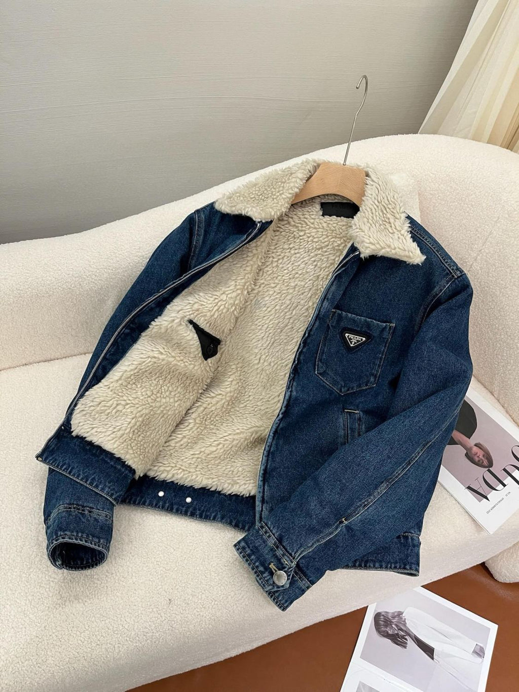 Prada Men's Autumn and Winter Solid Color Lambswool Lapel Long Sleeve Zipper Denim Jacket #74495