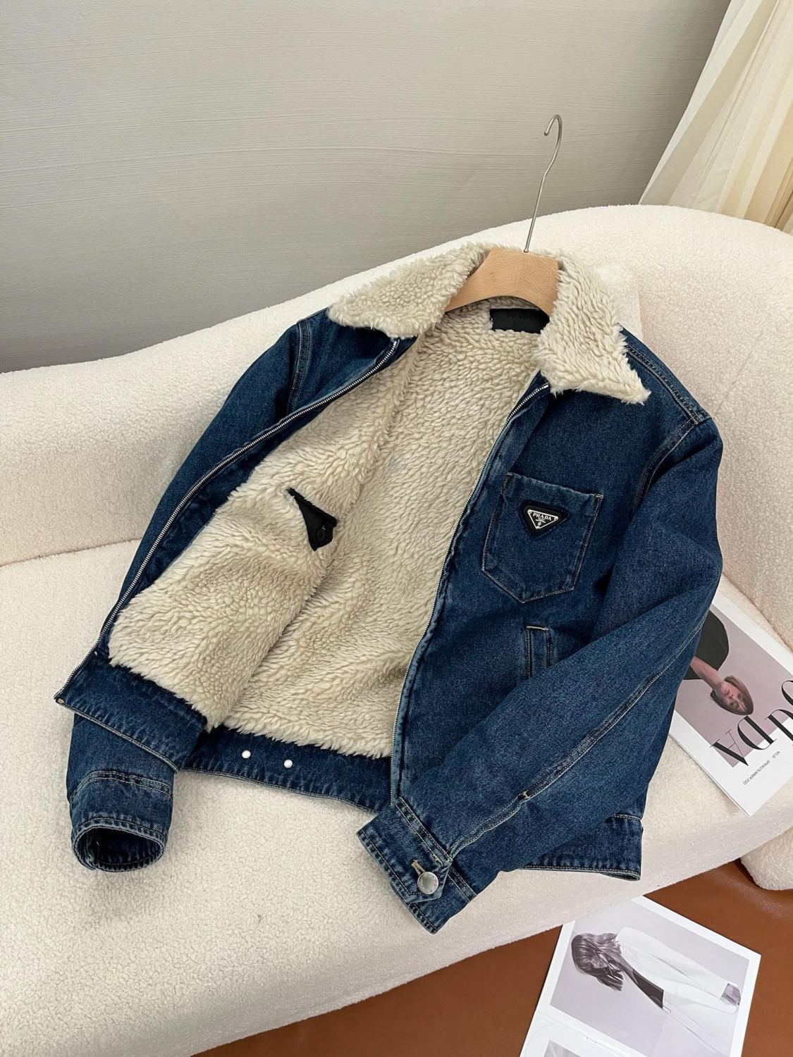 Prada Men's Autumn and Winter Solid Color Lambswool Lapel Long Sleeve Zipper Denim Jacket #74495