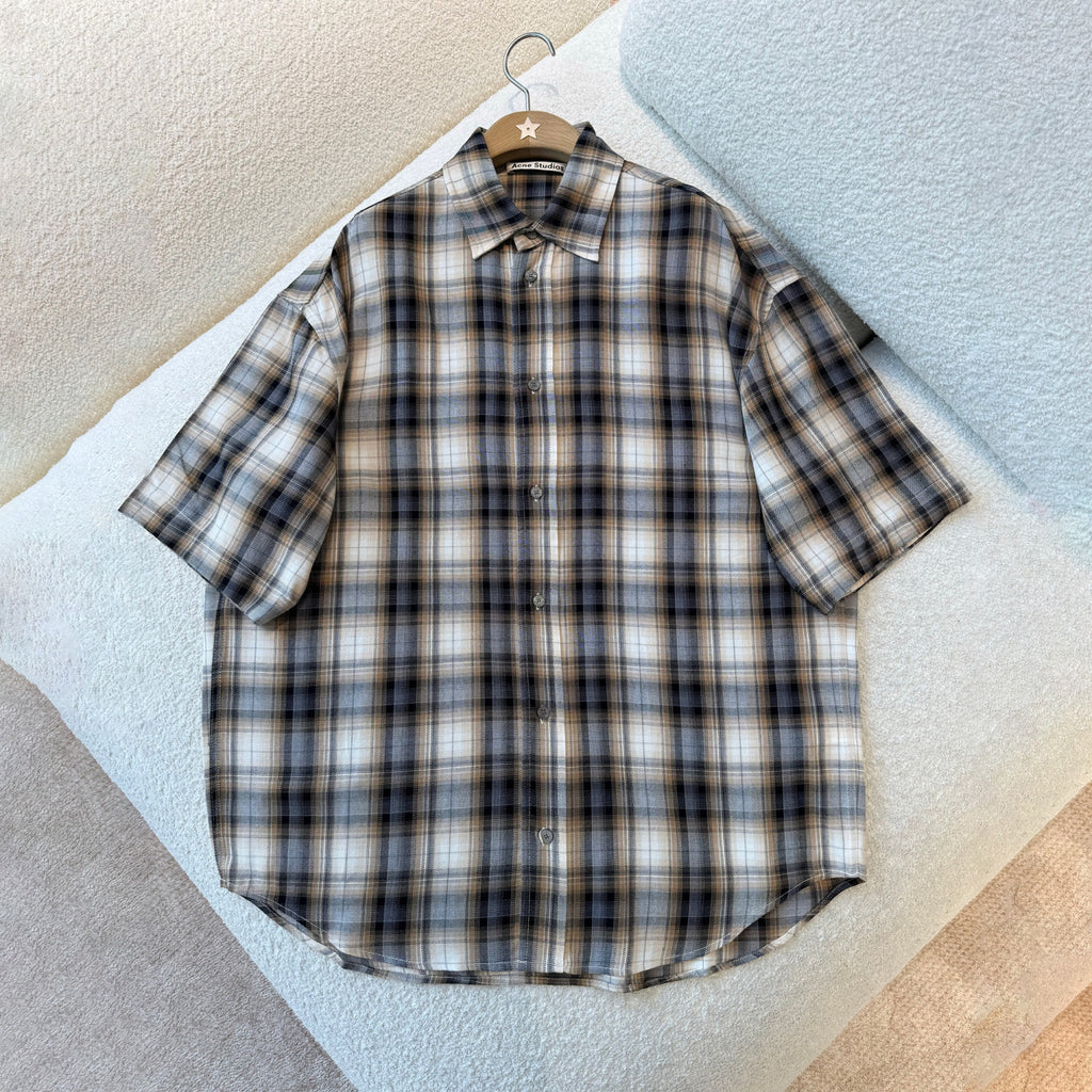 Acne Studios Men's & Women's Summer Checkered Button-Up Color-Blocked Casual Short-Sleeve Oversized Shirt #81592