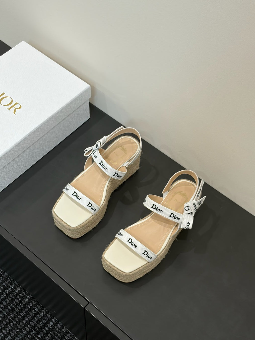 DIOR J Adior Wedge Slide with Straps White Embroidered Cotton and Natural Raffia #386876