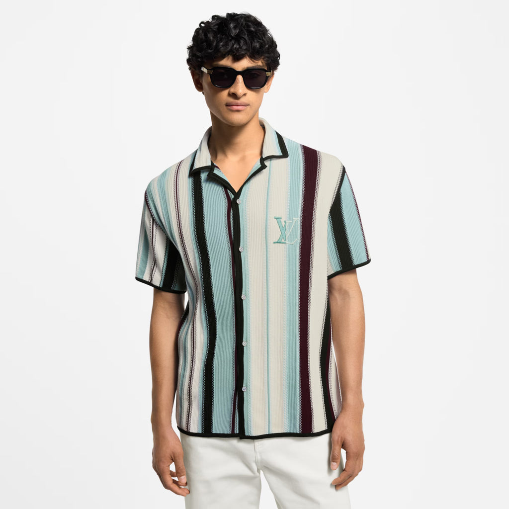 Louis Vuitton  Men's Summer Striped Crochet Single Breasted Short Sleeve Shirt Casual Lace-Up Shorts Suit Set #76893