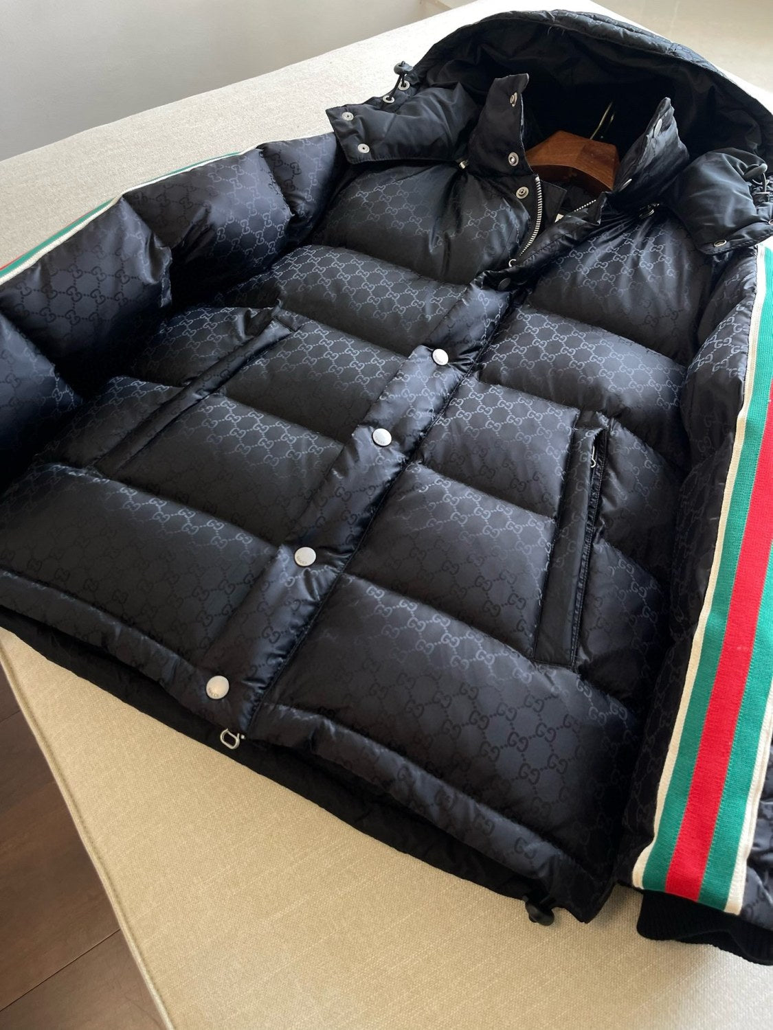 Gucci Men's Fall/Winter Black Trimmed Webbing GG Nylon Jacquard Hooded Zipper Long Sleeve Puffer Down Jacket #73728