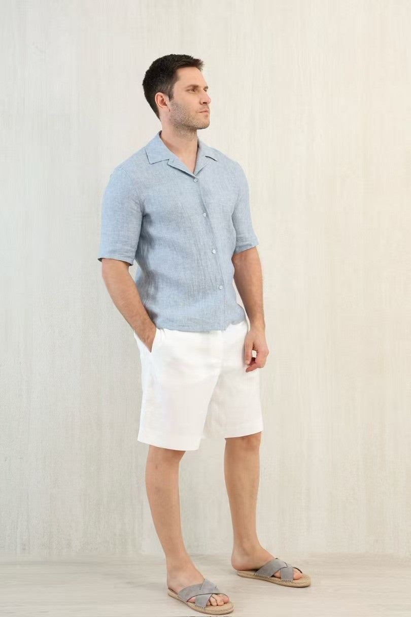 Brunello Cucinelli Men's Linen Loose Summer Single-Breasted Solid Color Lapel Short Sleeve Shirt Ngvp #1454
