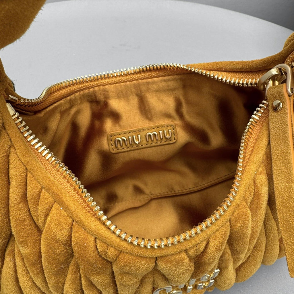 MiuMiu Wander Matelassé Suede Leather Bag Women's Metal Engraving Zipper Closure Single Shoulder Crossbody Crescent Bag Tote Bag #333006