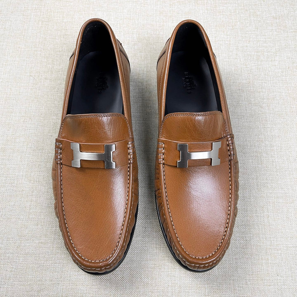 Hermes Men's Fall/Winter Fashion Classic Solid Color Leather Round Toe Slip On Logo Low Top Flat Leather Shoes #78922