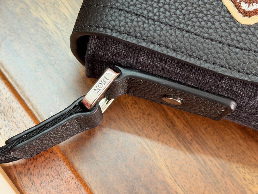 Dior Men's Male Black Grainy Leather Saddle Messenger Bag with CHRISTIAN DIOR Logo Jacquard Shoulder Strap Crossbody Bag #195094