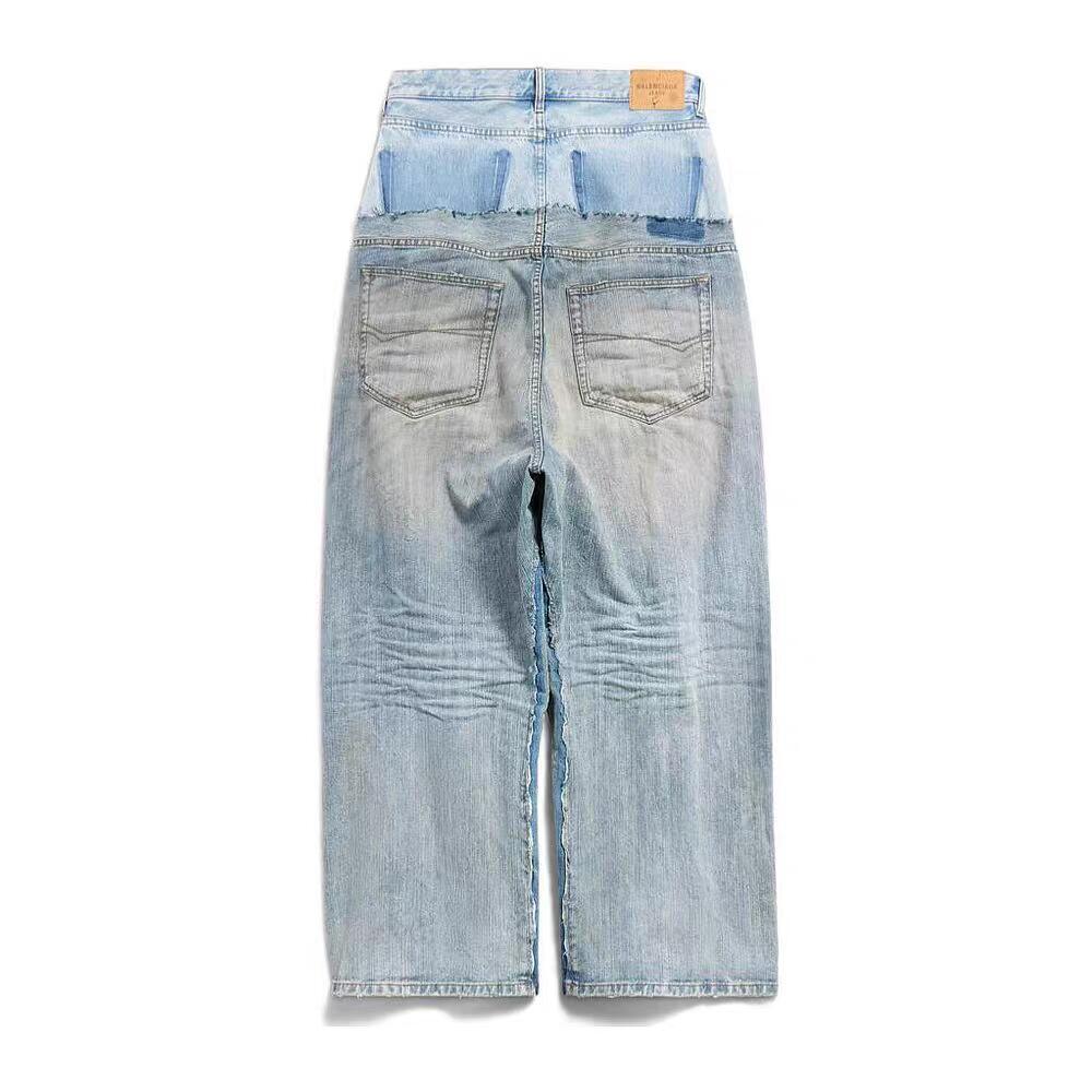 Balenciaga Men's Old Solid Color Splicing Old Jeans Casual Cut-Up Baggy Straight Pants Ngvp #1146