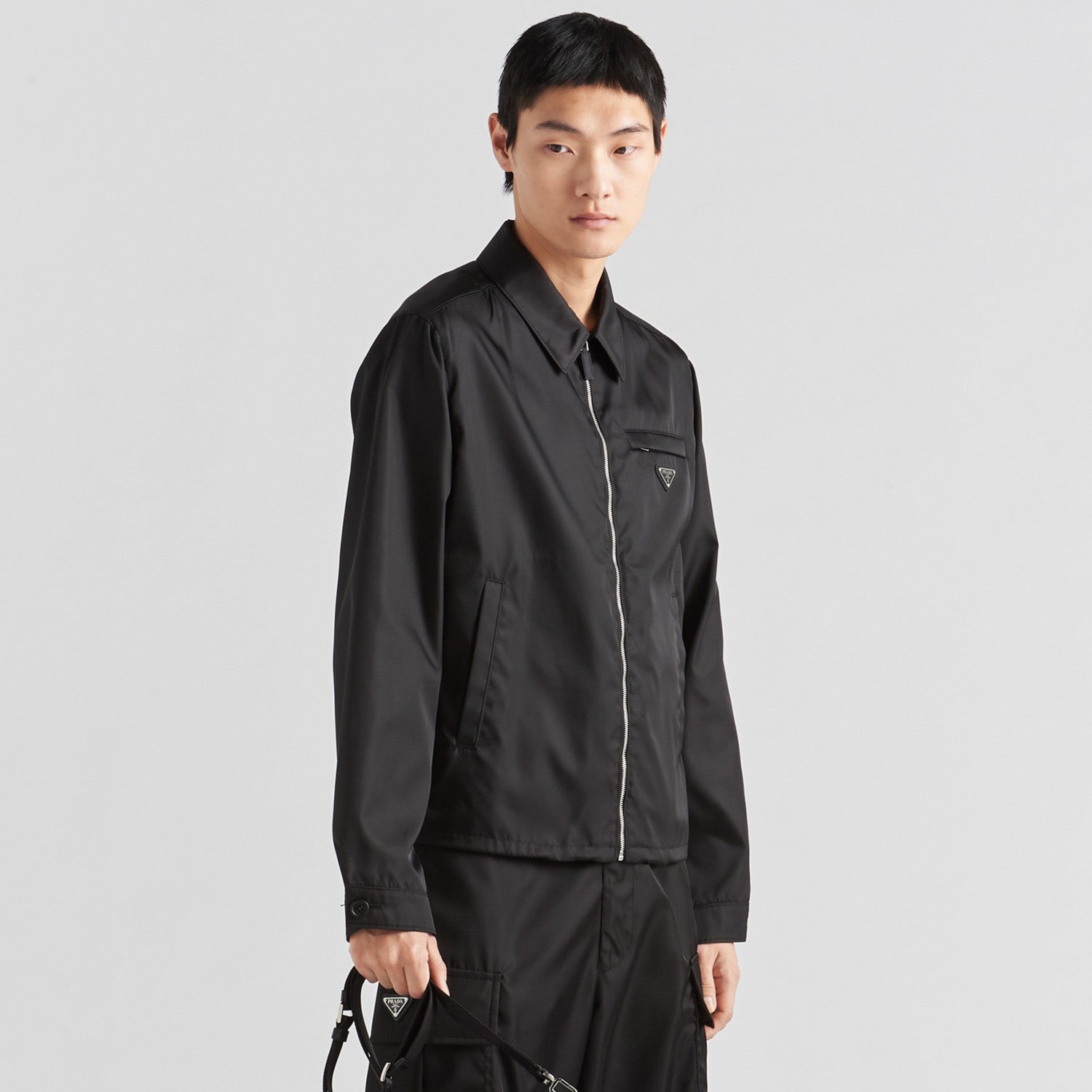 Prada Men's Fall/Winter Fashion Casual Solid Color Collared Zipper Nylon Triangular Logo Shirt Style Jacket #79153