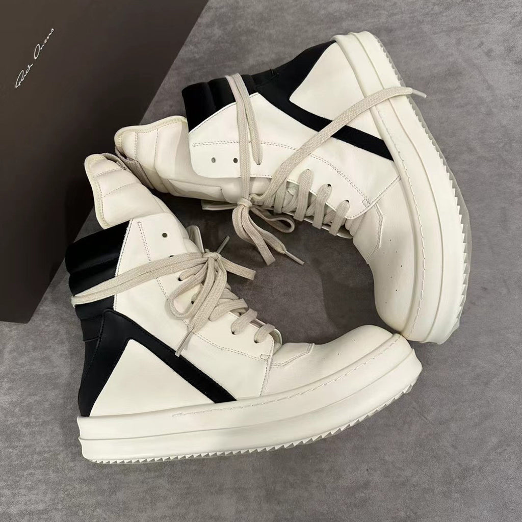 Rick Owens Men's Spring/Fall Fashion Casual Round Toe Lace Up Leather Zipper Thick Sole High Top Sneakers Shoes #78569