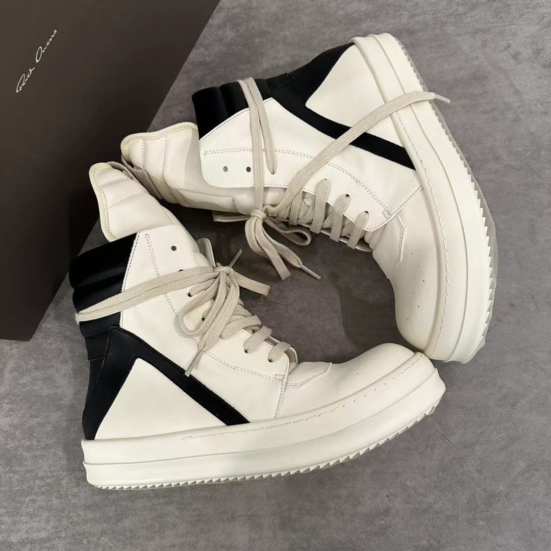 Rick Owens Men's Spring/Fall Fashion Casual Round Toe Lace Up Leather Zipper Thick Sole High Top Sneakers Shoes #78569