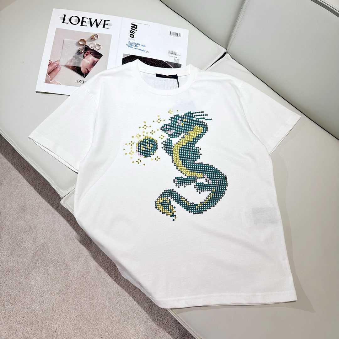 Louis Vuitton Men's Summer Year of the Dragon Printed Round Neck Cotton White Short Sleeve T-Shirt #97991