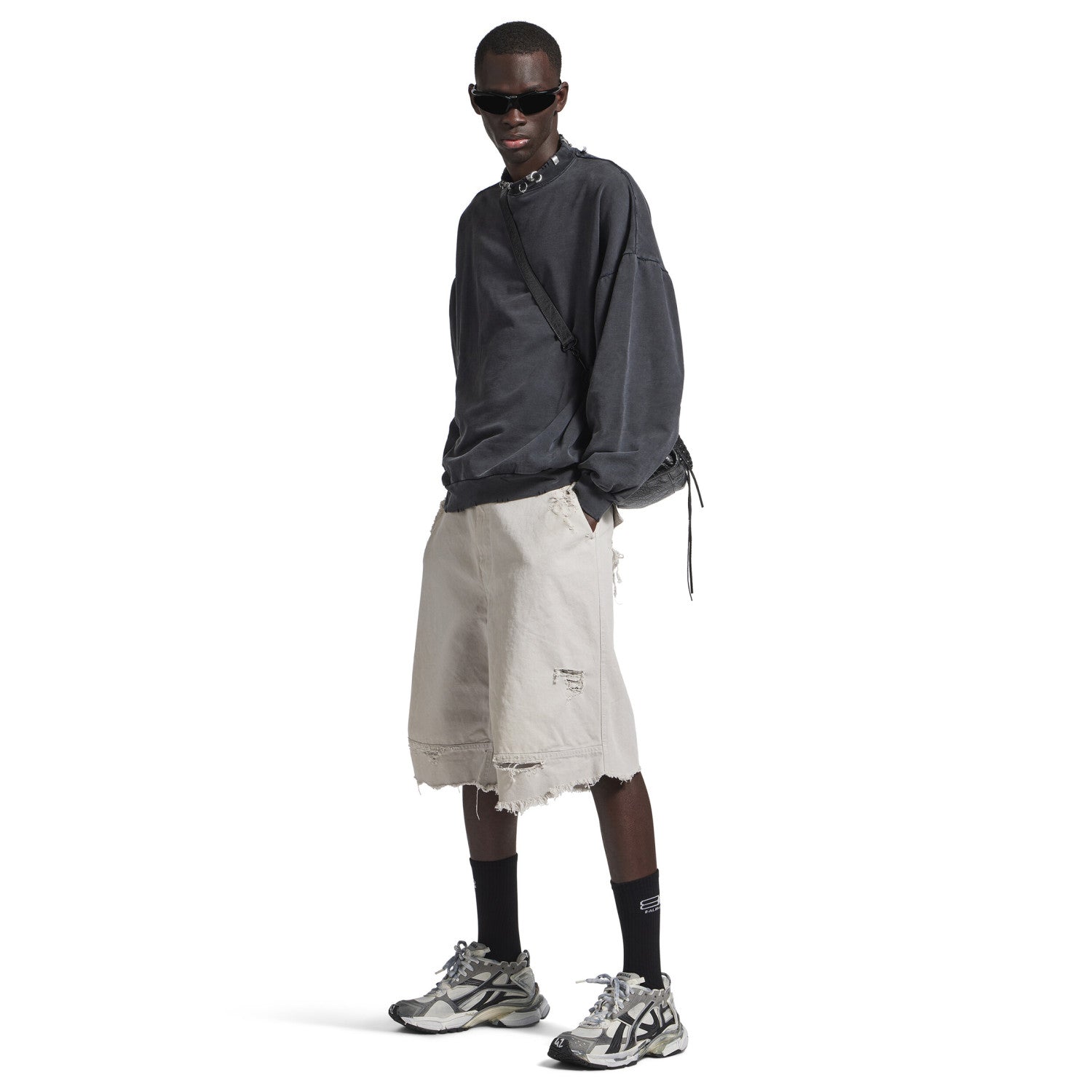 Balenciaga Workwear Shorts Men's Spring And Summer Cotton White Denim Shorts Fashion Trend Hole Casual Shorts Ngvp #1876