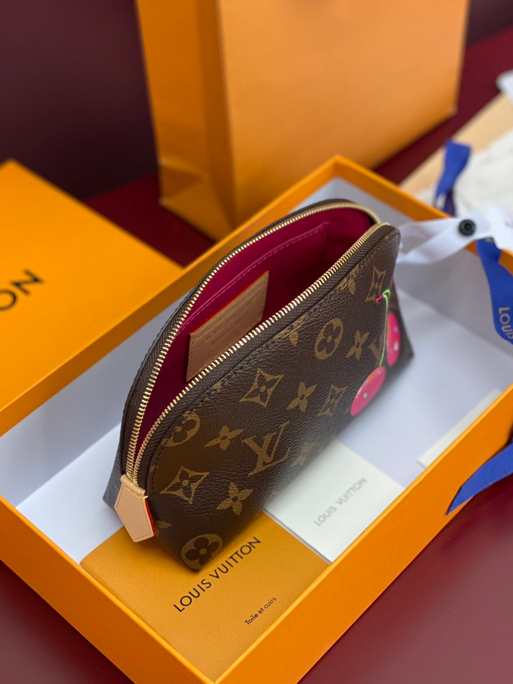 Louis Vuitton LV X TM Women's Brown Letter Print Cherry Pattern Leather Small Makeup Bag Bags #77595
