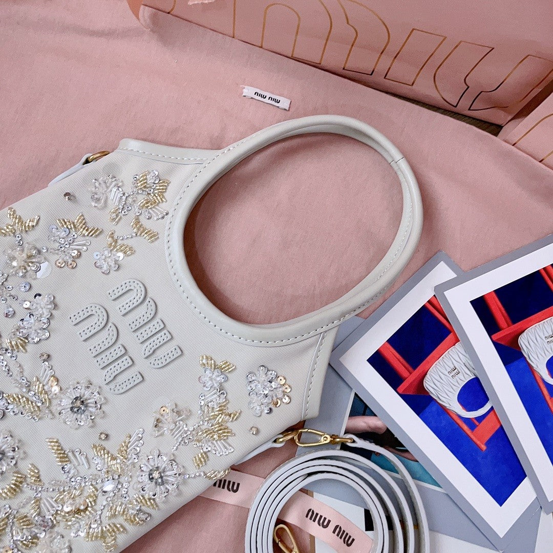 MiuMiu IVY Women's Solid Colour Floral Embroidery Steel Hardware Accessories Cotton Shoulder Crossbody Handbag Bag Bags #76742