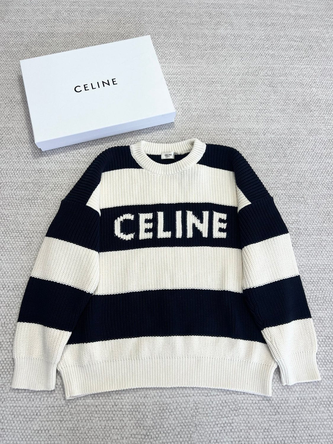 Celine Men's Colorblock Striped Logo Letter Knitted Loose Long-sleeved Sweater #334964