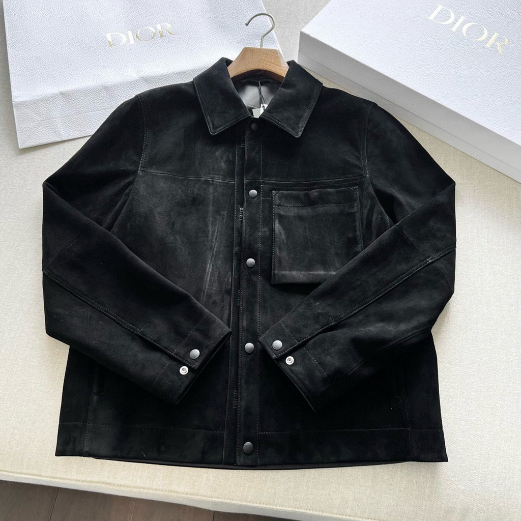 Dior Men's Fall And Winter Black Sheepskin Suede Single Breasted Long Sleeved Jacket #73646
