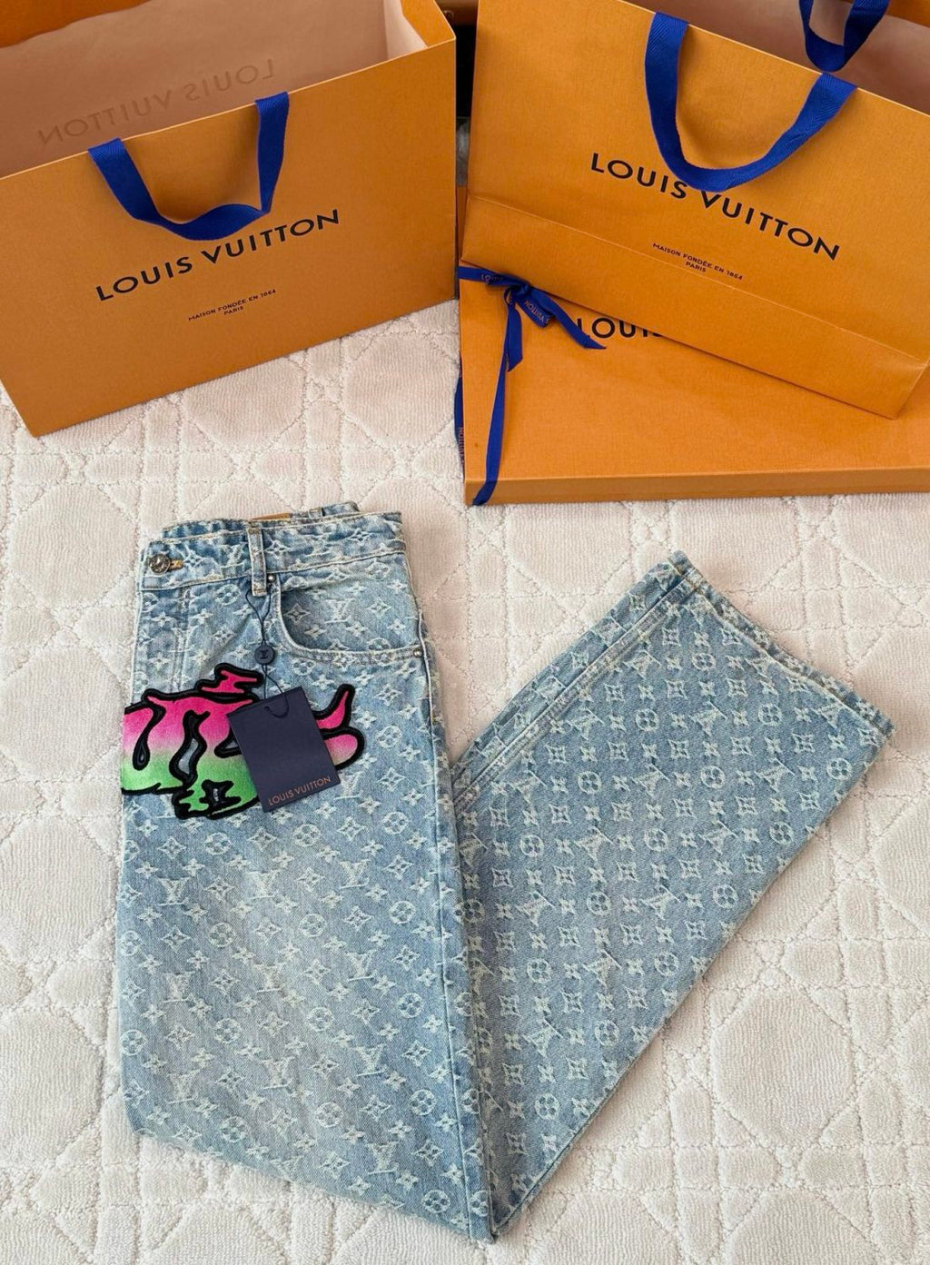 Louis Vuitton Men's Spring Autumn Solid Colour Graffiti Letter Print Casual Jeans Pants #76971