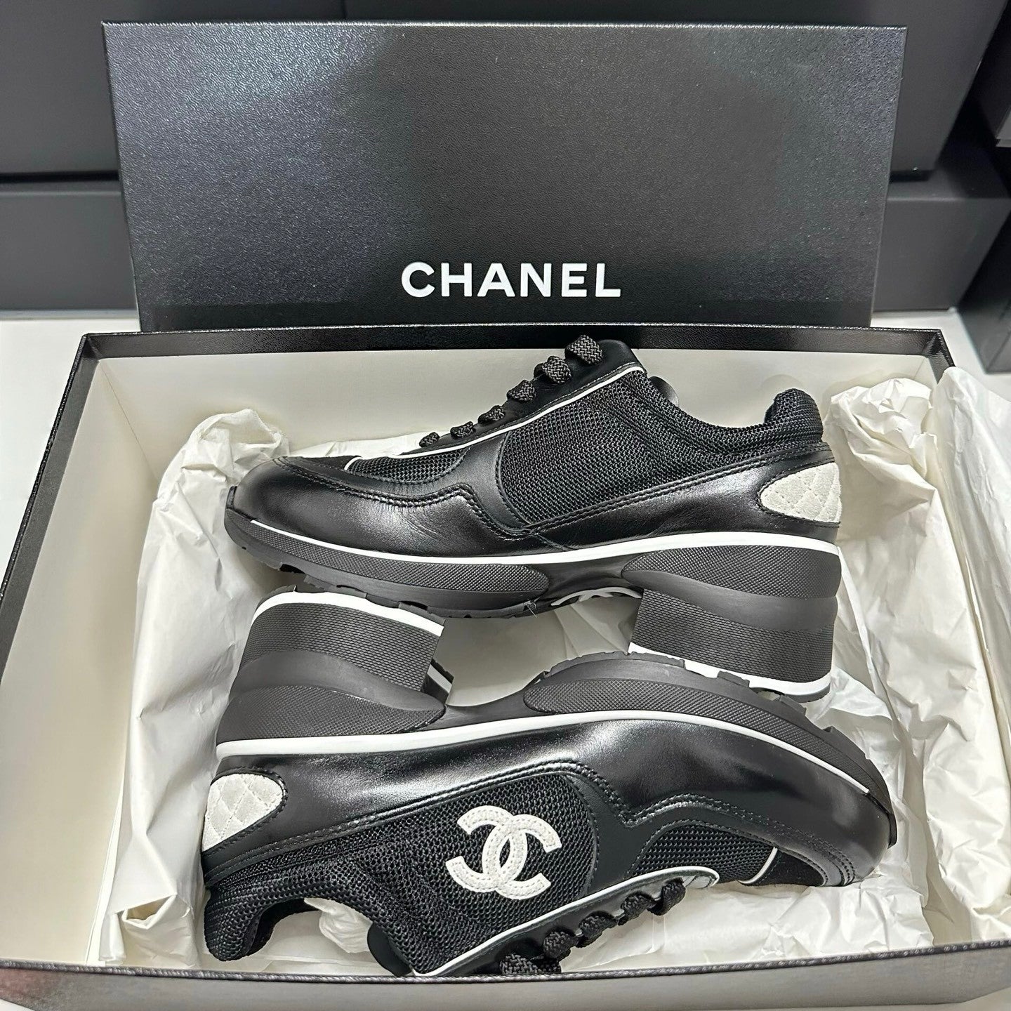 Chanel Women's Spring/Fall Fashion Classic Color Block Round Toe Lace Up Slip On Low Top Chunky Heel Sneakers Casual Shoes #78988