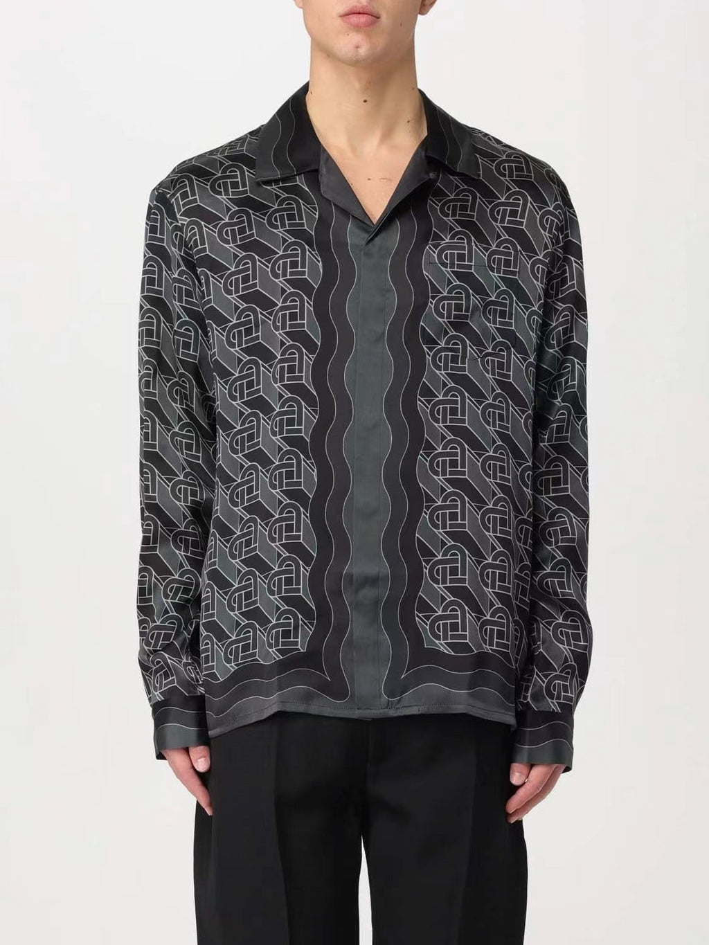 Casablanca Men's Spring And Fall Solid Color Heart Full Print Lapel Long-Sleeved Silk Loose Shirt Casual Elastic Waist Straight Pants Ngvp #8827