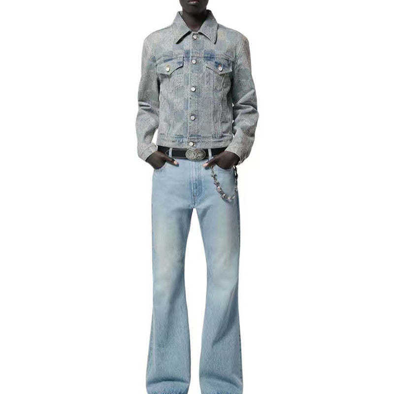 Louis Vuitton Men's Spring And Fall Jacquard Single-Breasted Lapel Long-Sleeved Faux Crystal Damier Denim Jacket Plaid Printed Straight Denim Pants Ngvp #9383