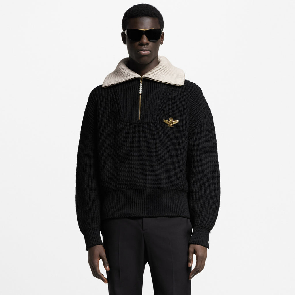 Louis Vuitton Men's And Women's Fall/Winter Fashion Casual Collared Half Zip Pullover Sweater Sheep Wool Blend Cable Knit Sweater #78898