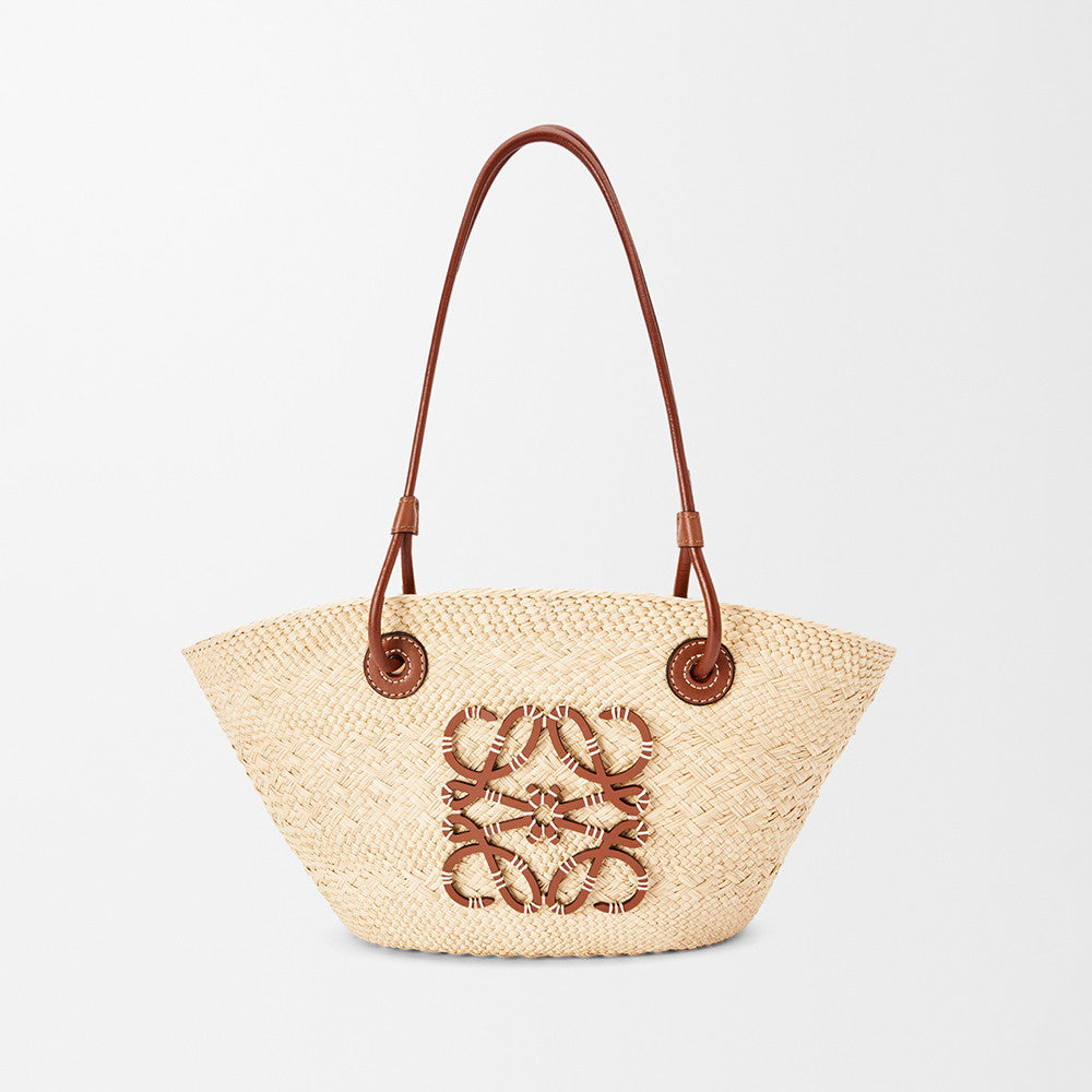 Loewe Small Anagram Basket Bag in Iraca Palm and Calfskin Beige #377147